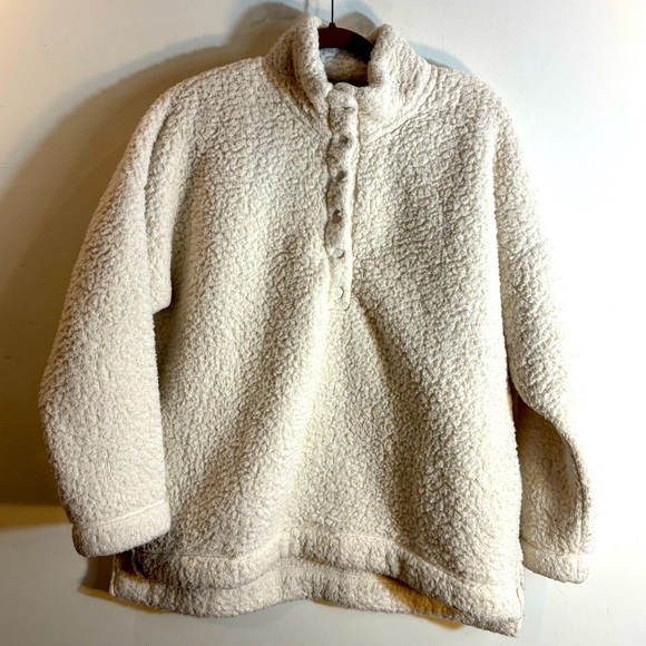AIRIE Sz L Cozy Cream Sherpa Pullover With Snap Closure Funnel Neck Long Sleeves - Picture 1 of 9